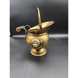 Small Brass Pot Ash Coal Scuttle Bucket Wood Handle French Country Decor 3D Lion